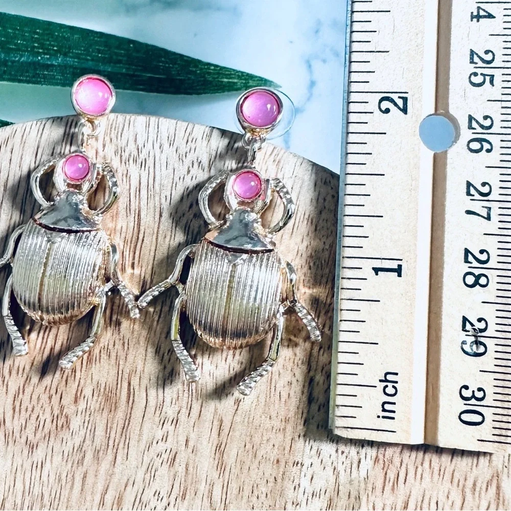 2/$30🌵 Egyptian Scarab Beetle Earrings Insect Gold Pink Art Nouveau Bug NEW